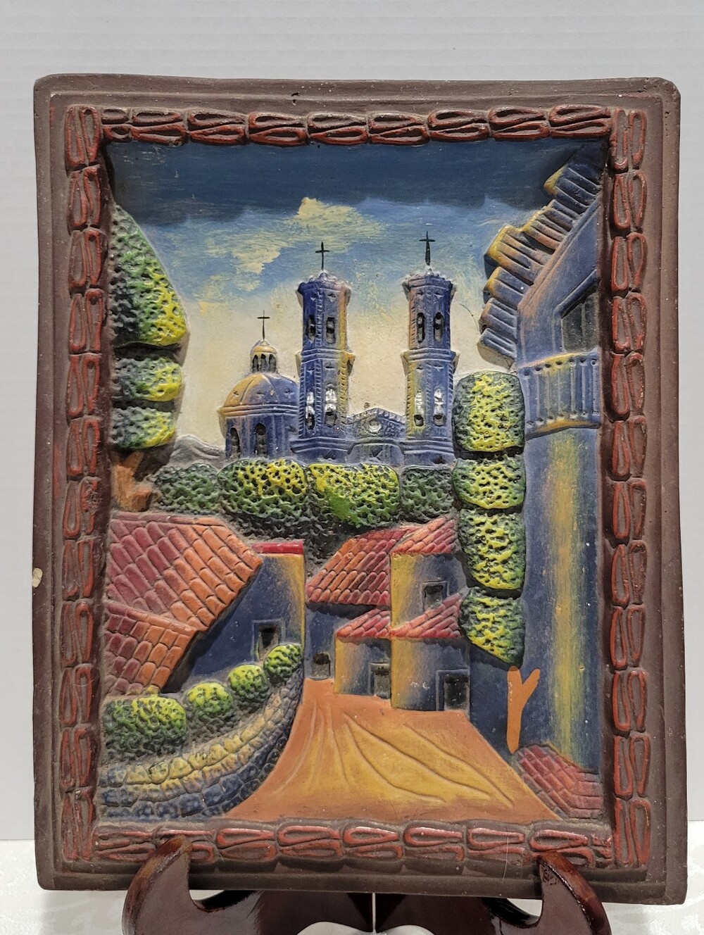 Vintage Mexican Folk Art 3D Wall Hanging Clay Plaster Street Scene With Church